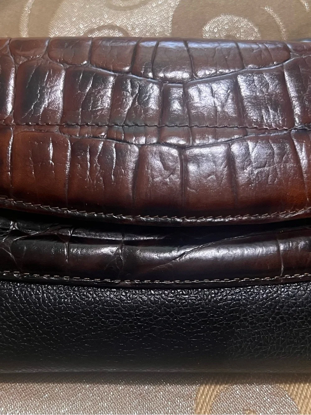 Vintage Brahmin Two-Tone Leather Tri-Fold Checkbook Wallet- Black & Brown Croc